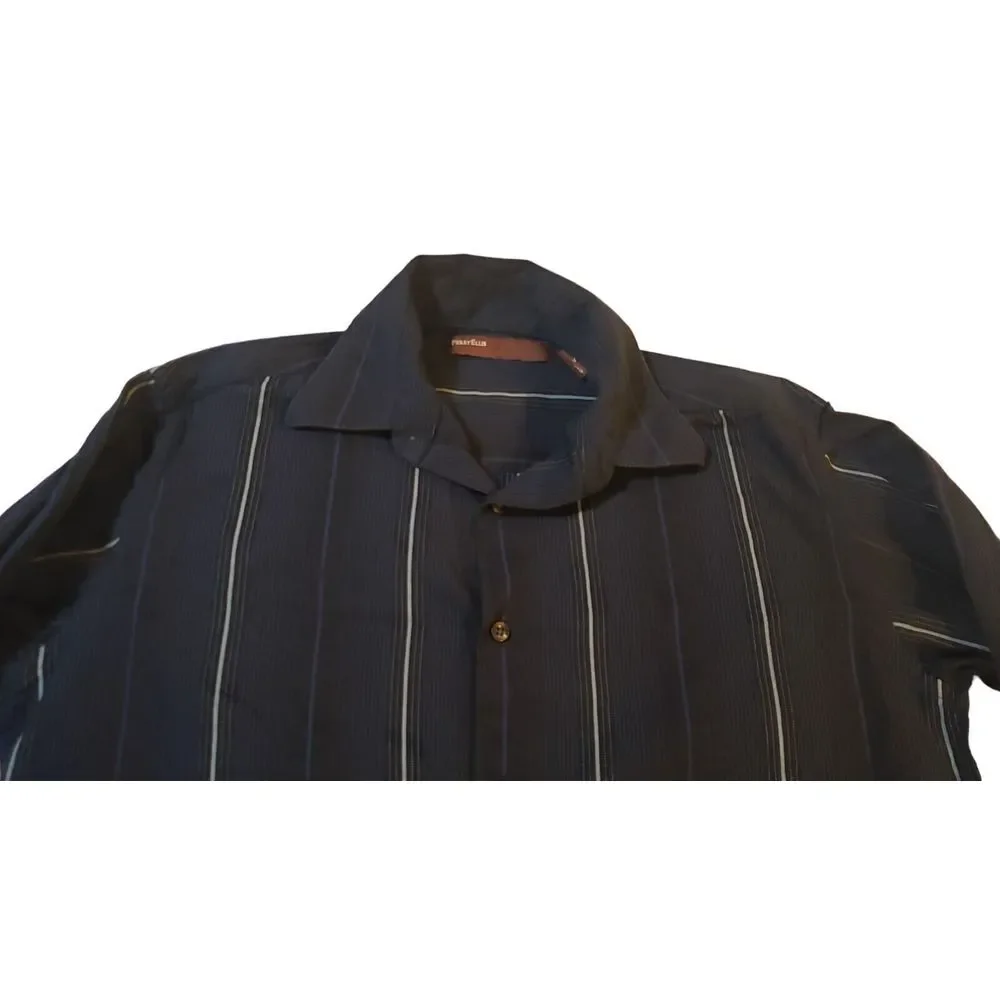 Perry Ellis Shirt Size S Button Up Long Sleeve‎ 100% Cotton Top Black W/ Stripes